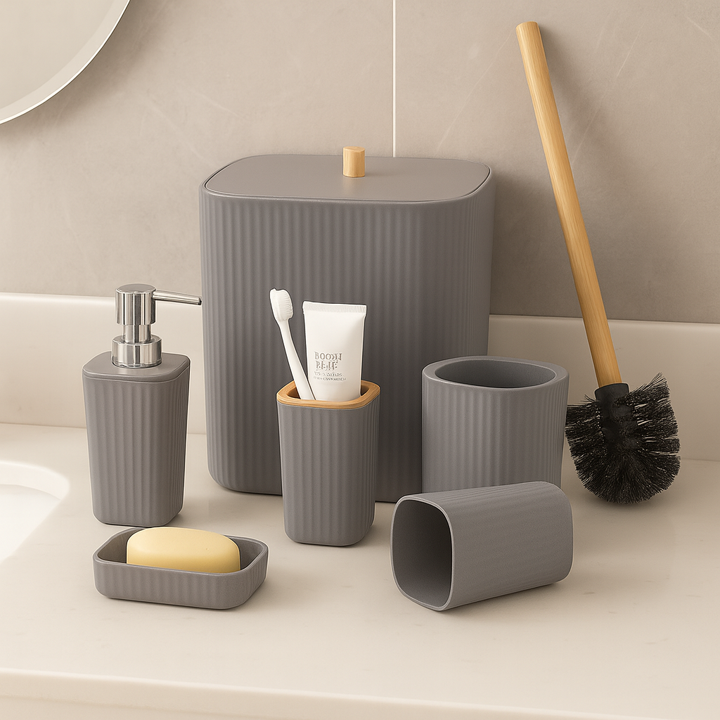 Modern Bathroom Accessories Set – Grey (6pcs)