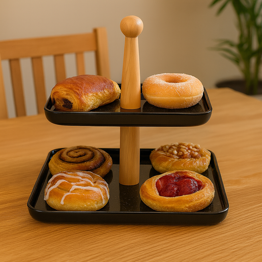 Two Tier Black Serving Tray With Wooden Stand