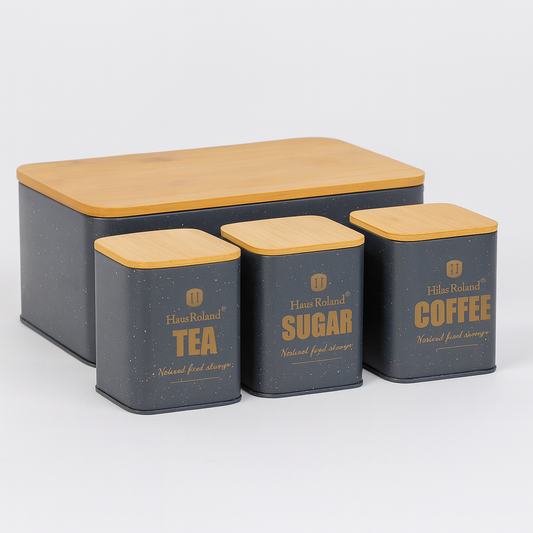 HausRoland Luxury Bread Box With 3 PCS Jar Set - Grey
