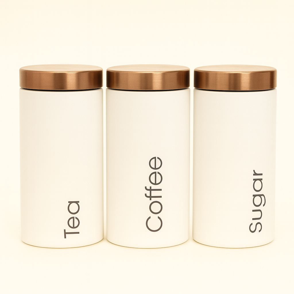 Sugar Tea Coffe 3 Pcs Matte White Metal Kitchen Storage Canisters