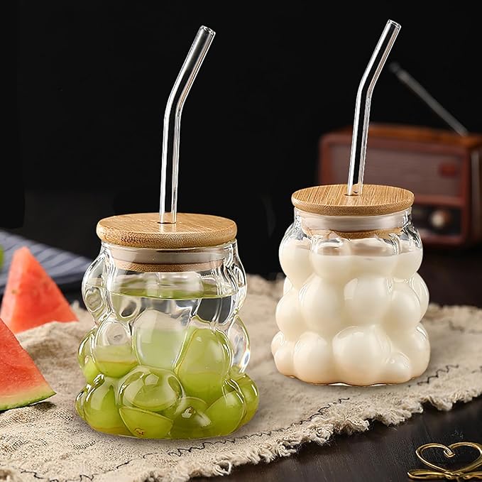 Korean Boba Tea Bubble Glass CTumbler with Bamboo Lid & Straw