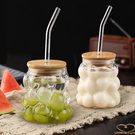 Korean Boba Tea Bubble Glass CTumbler with Bamboo Lid & Straw