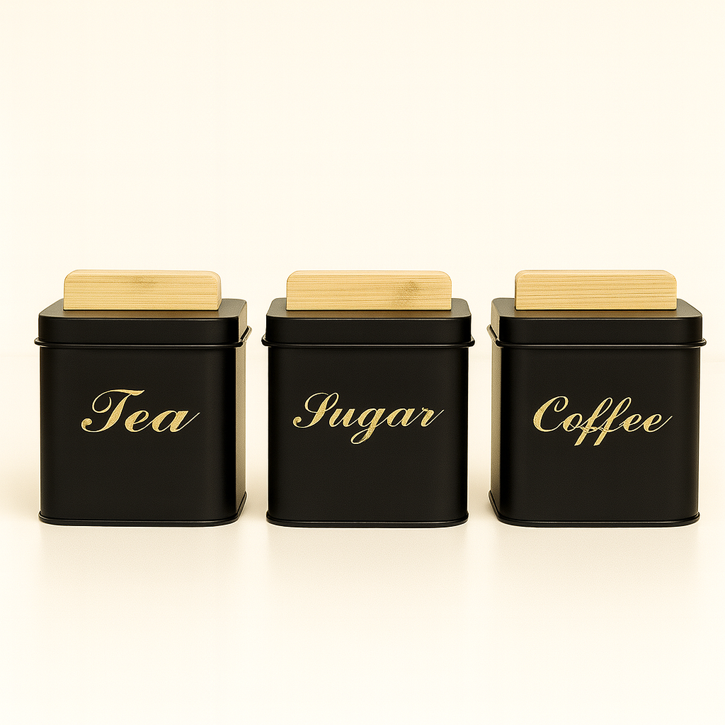 Sugar, Coffee & Tea Square Metal Sugar Canister Set with Bamboo Lids - Black