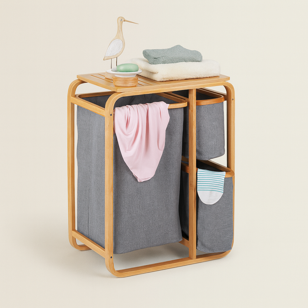 3 Grid Bamboo Premium Laundry Basket - Grey