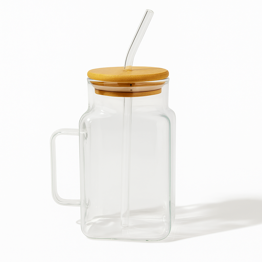 Square Glass Tumbler With Glass Straw