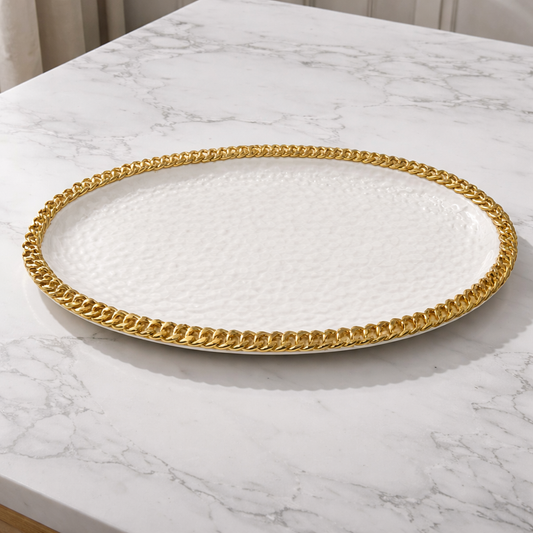 Luxury 14" Porcelain Platter – Gold Chain Rim Oval Serving Tray