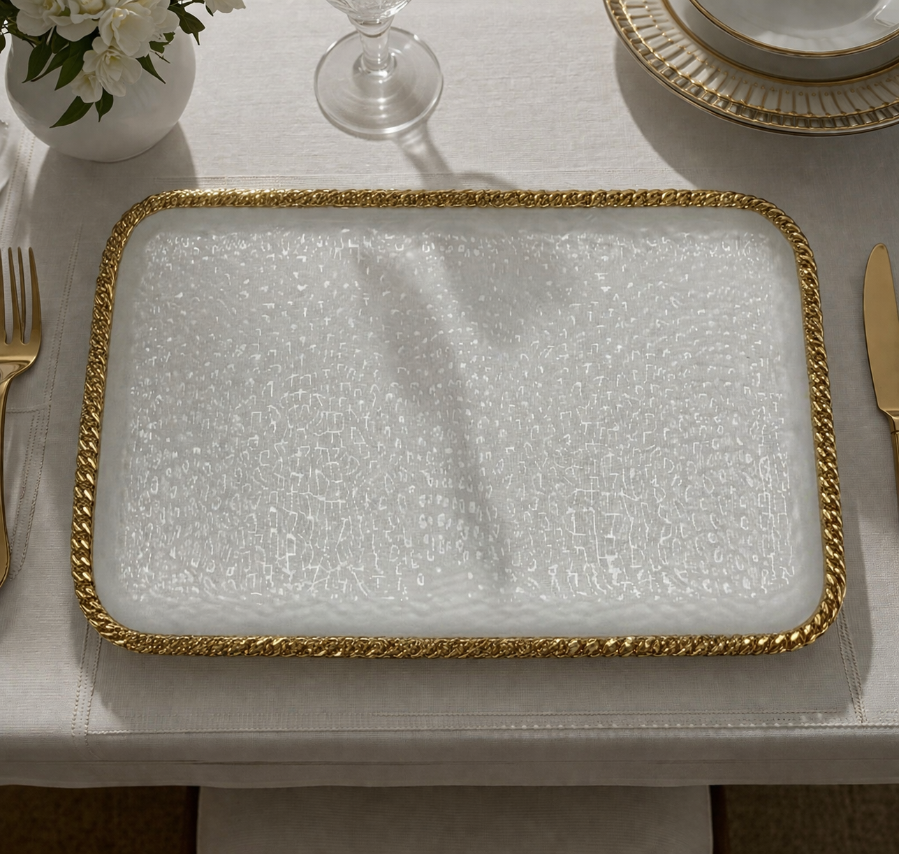 Luxury 18.3" Rectangular Serving Platter – White & Gold