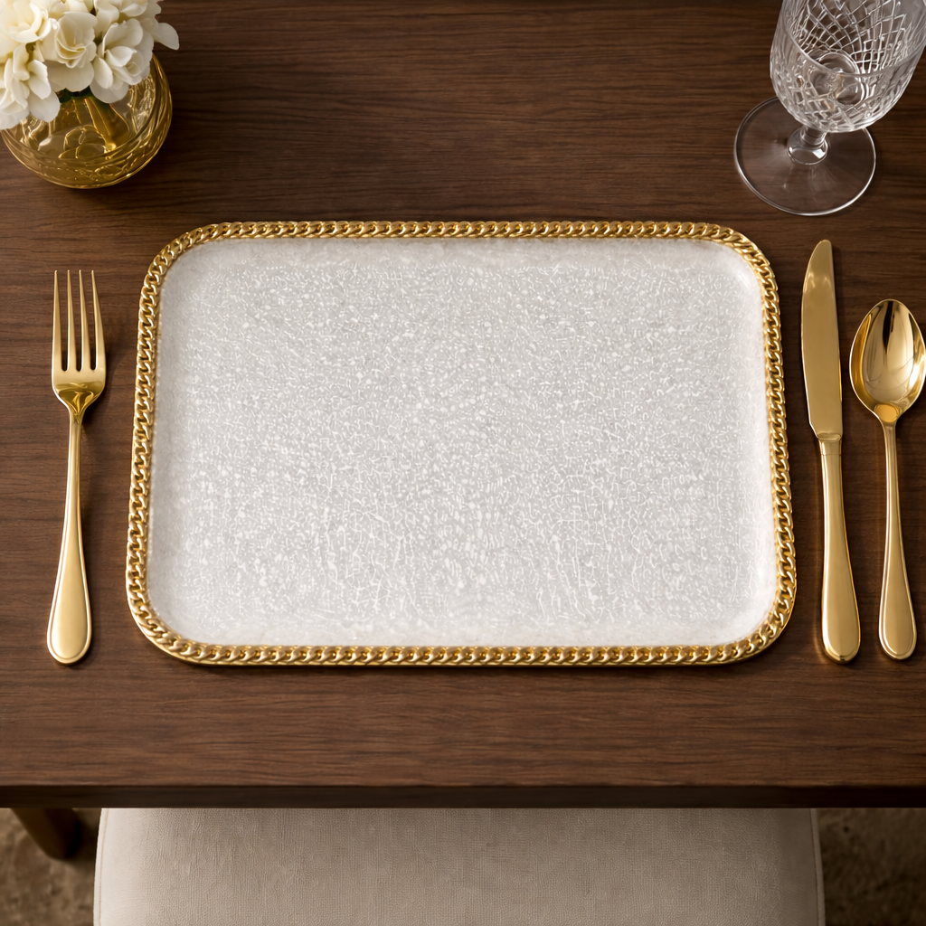 Luxury 18.3" Rectangular Serving Platter – White & Gold