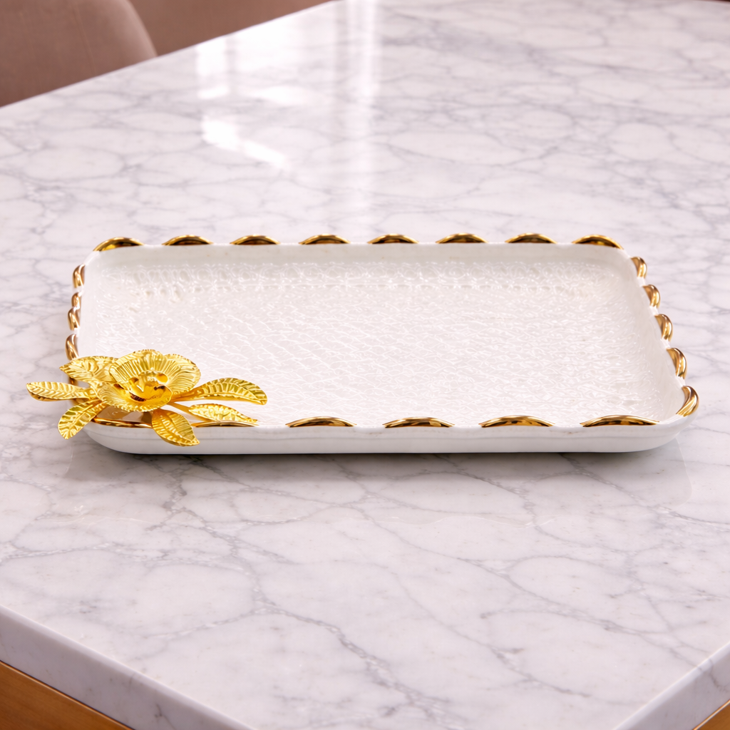 11" Premium Gold Floral Dry Fruit Serving Plate – Luxury Serving Tray