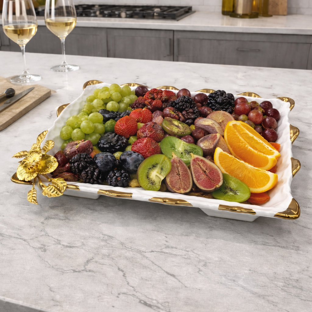 12" Luxury Porcelain Fruit Plate with Gold Rim