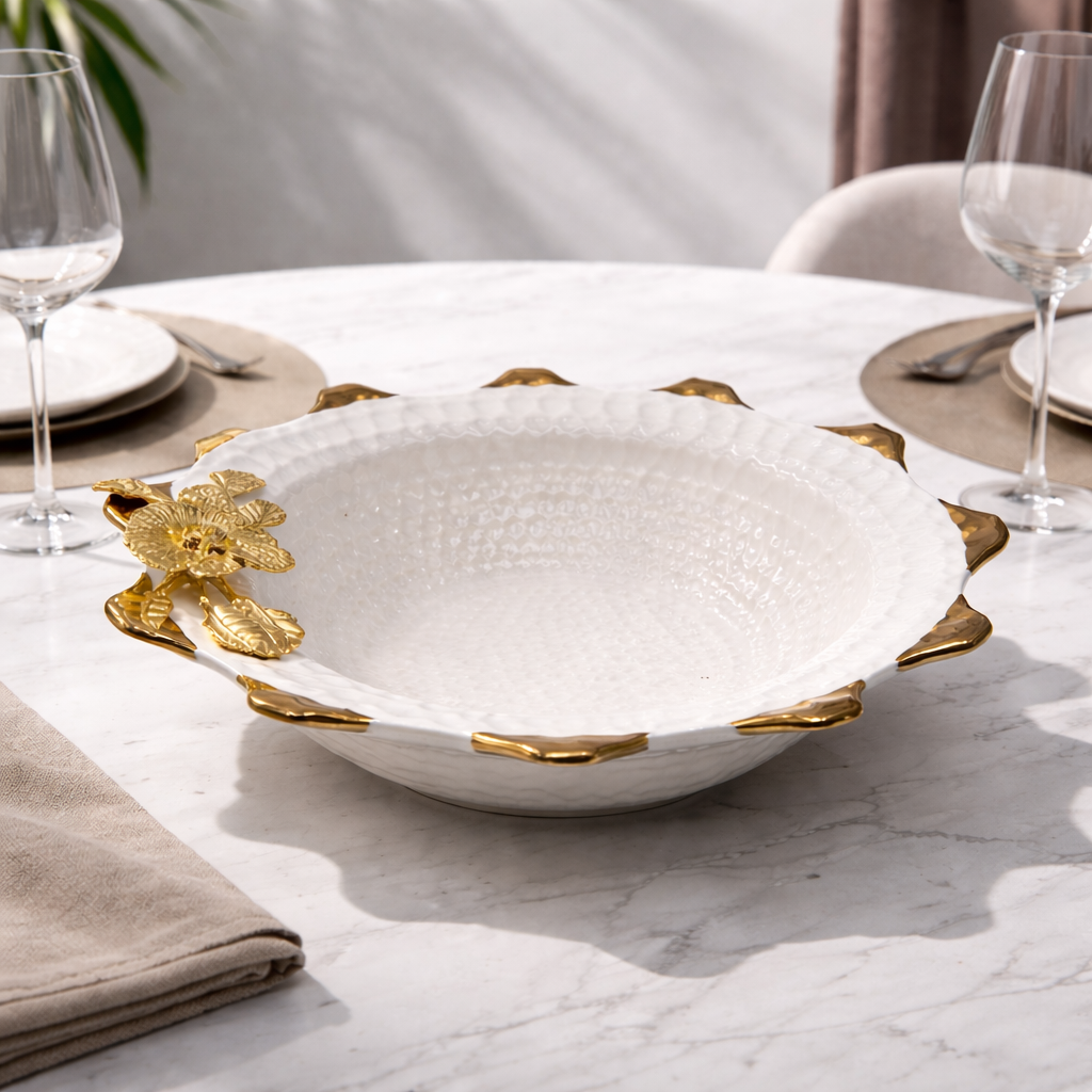 12" Luxury Ceramic Fruit Bowl with Gold Floral Design