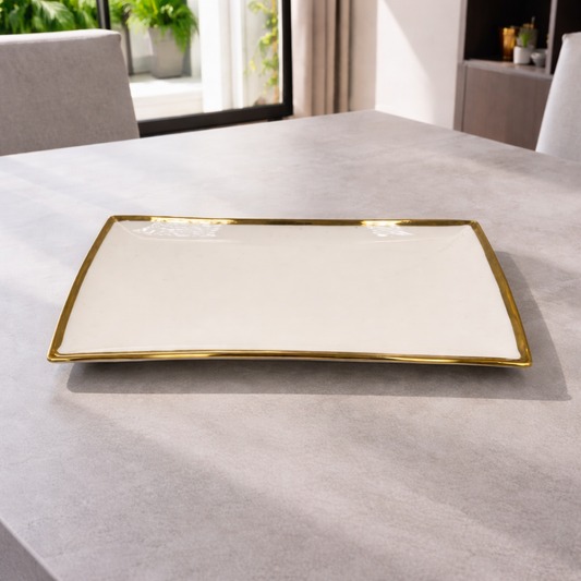 14" Luxury Porcelain Serving Plate – Gold Rim Rectangular Platter