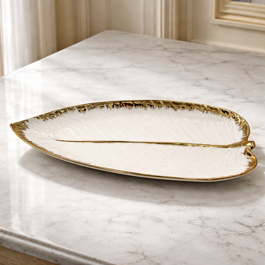 16" Luxury Ceramic Leaf Plate with Gold Rim