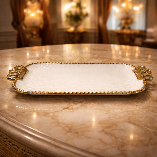 12" Luxury Ceramic Serving Platter with Golden Beaded Edge – Premium Quality Rectangular Plate