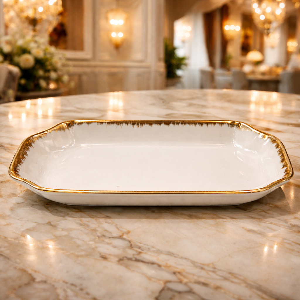 12" Luxury Ceramic Serving Platter with Gold Beaded Edge – Premium Qualiy White Rectangular Plate