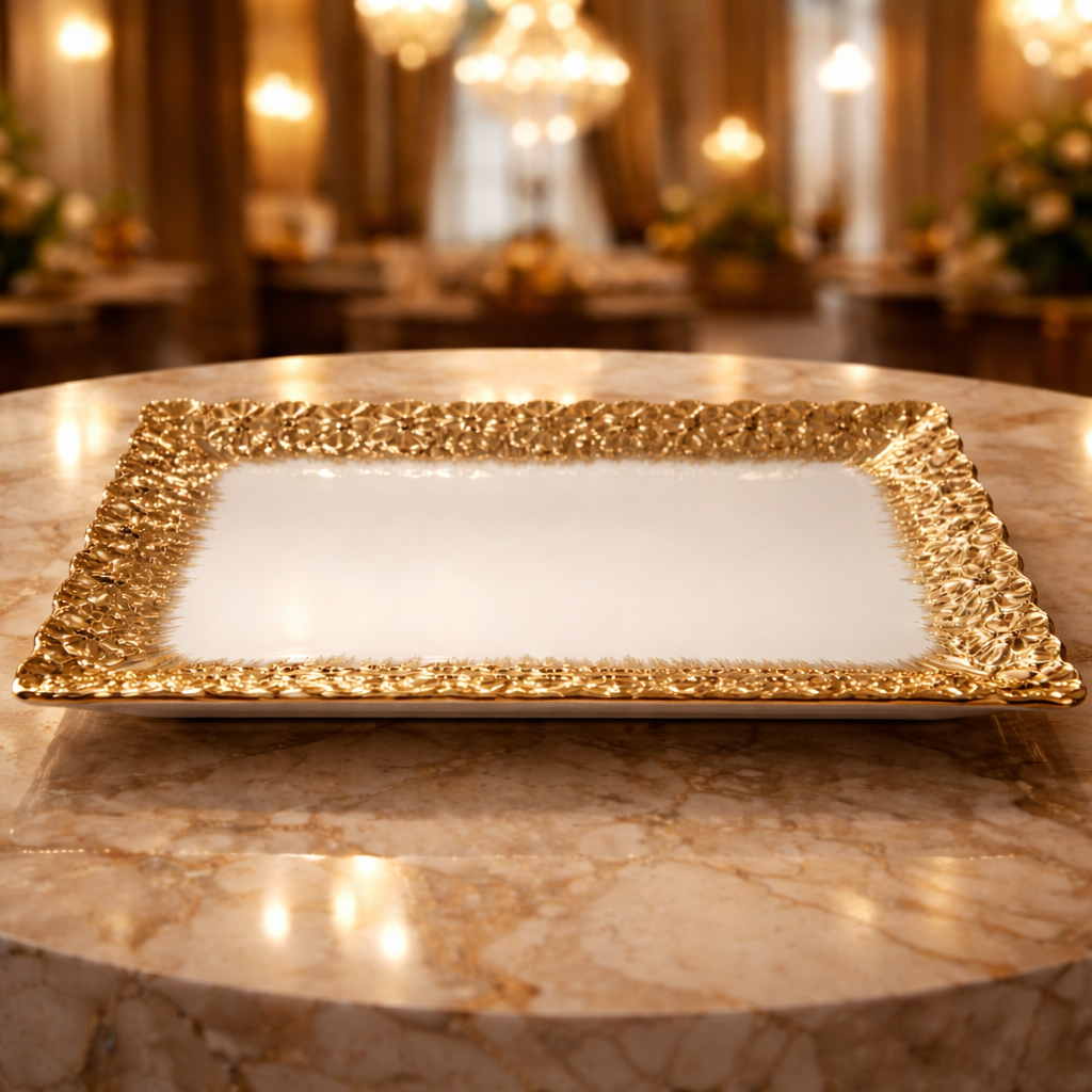 12" Luxury Ceramic Serving Platter with Gold Beaded Edge – Premium Quality Rectangular Plate