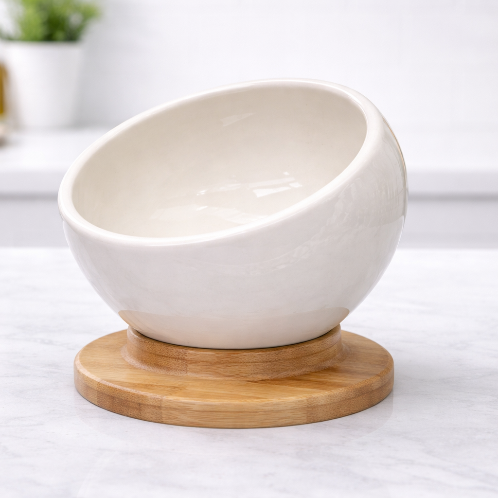 Luxury Ceramic Serving Bowl with Wooden Base