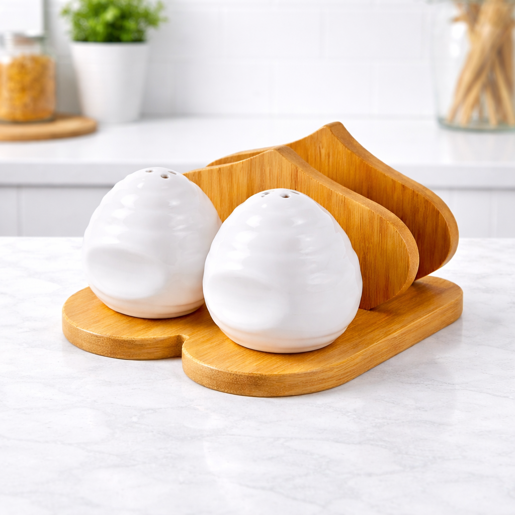 Ceramic Round Salt & Pepper Shaker Set with Wooden Holder