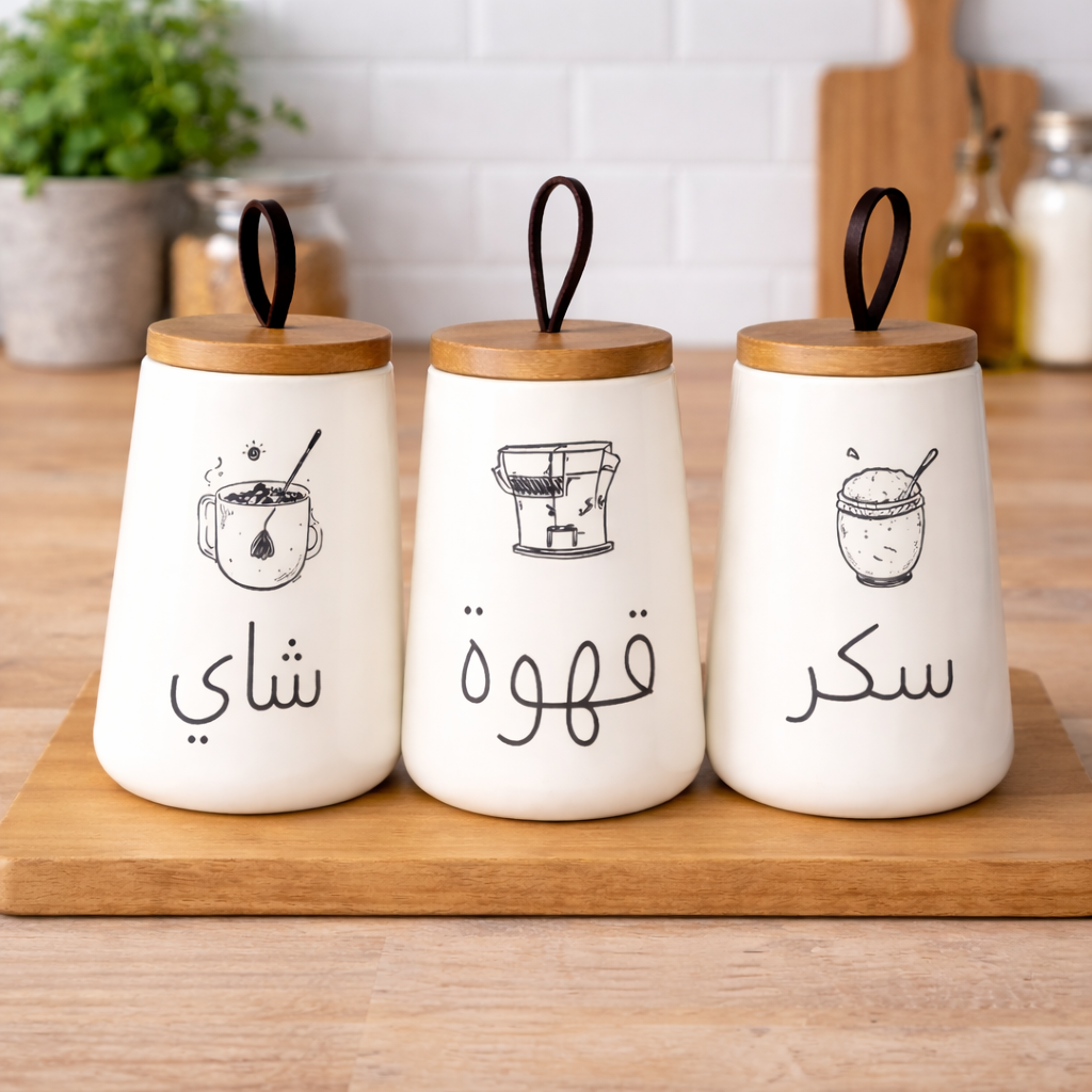 Premium Ceramic Jar Set 3 PCS Sakar , Qahva & Chai  (Coffe, Tea & Sugar Jars)