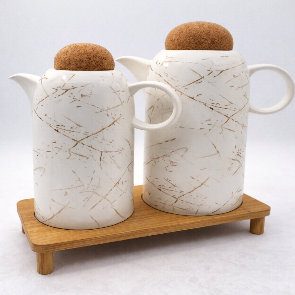 2 PCS Luxury Ceramic Oil Jug Set with Wooden Tray