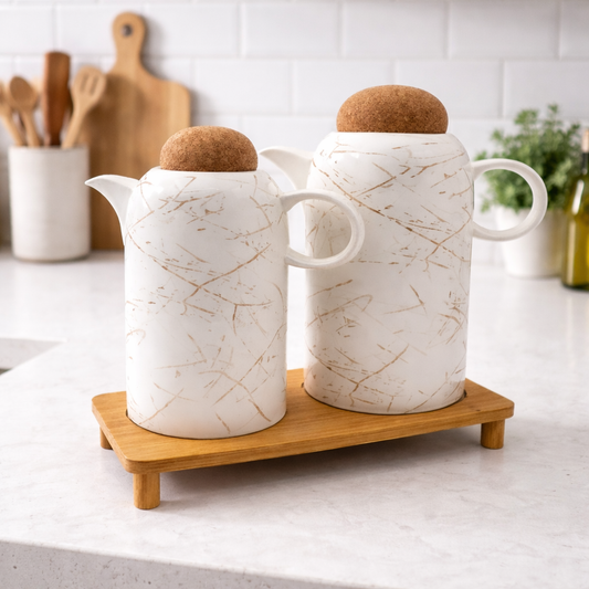2 PCS Luxury Ceramic Oil Jug Set with Wooden Tray