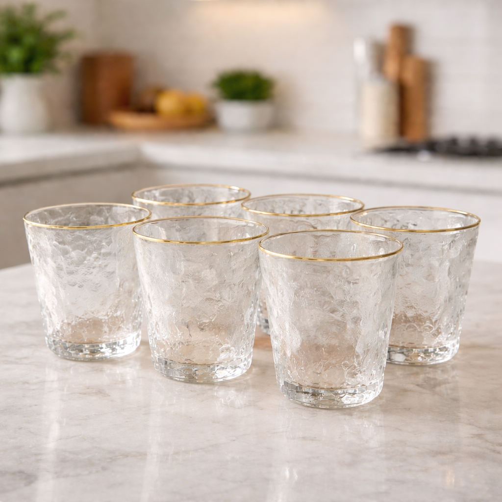 6PC Glass Set Gold Rim – Textured Clear Tumblers