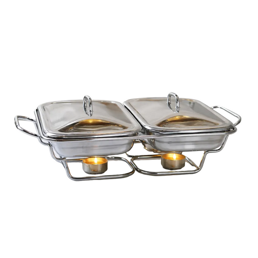Luxury Double Glass Chafing Dish Set with Stainless Steel Stand  – Elegant Food Warmer Serving Dish