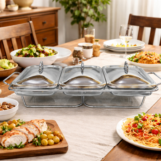 3 in 1 Stainless Steel Food Warmer – 1.5L Each Bowl | Premium Buffet Serving Dish
