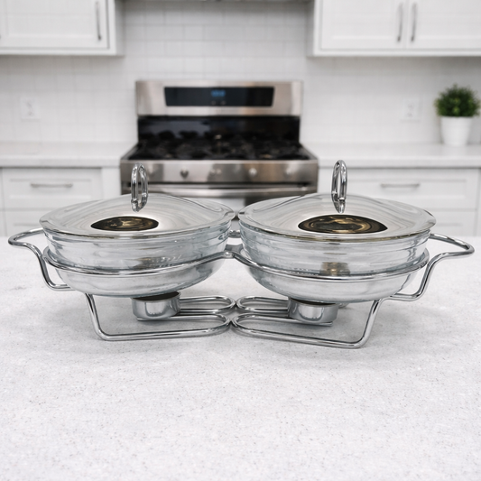 2 in 1 Round Food Warmer 1.5L Each Bowl Stainless Steel Buffet Serving Set Dish