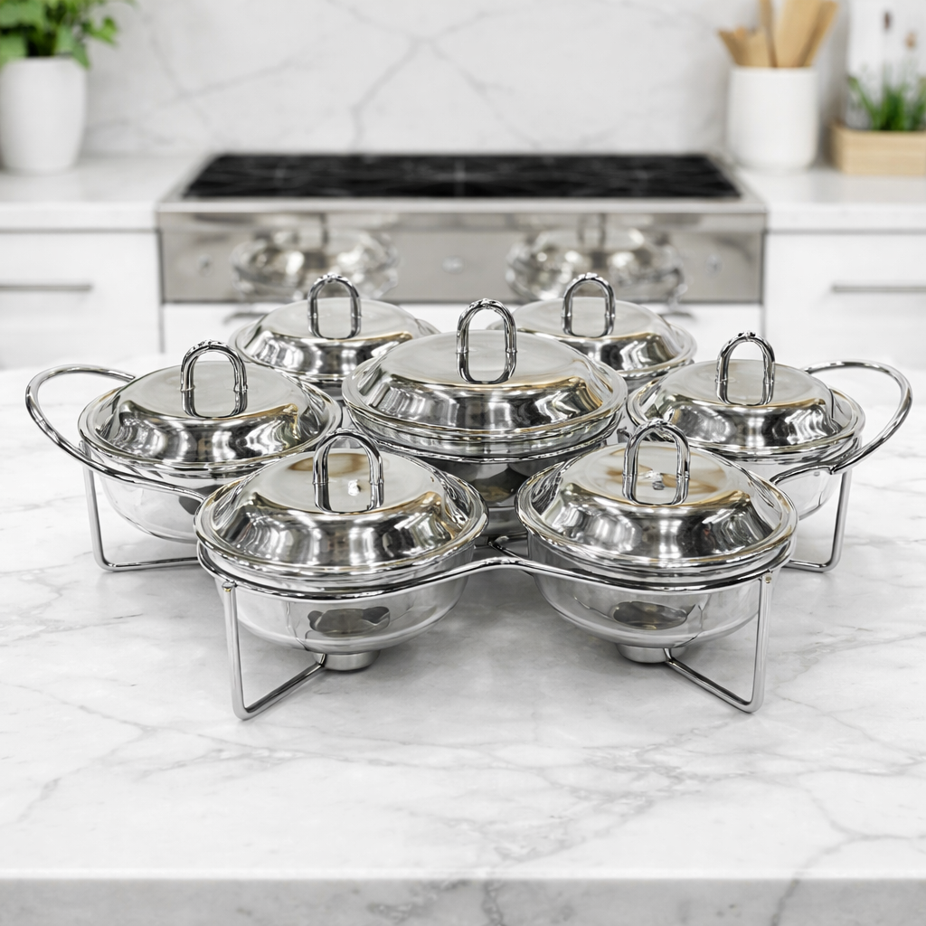 7 IN 1 Stainless Steel Buffet Serving Set – Premium Food Warmer with Stand