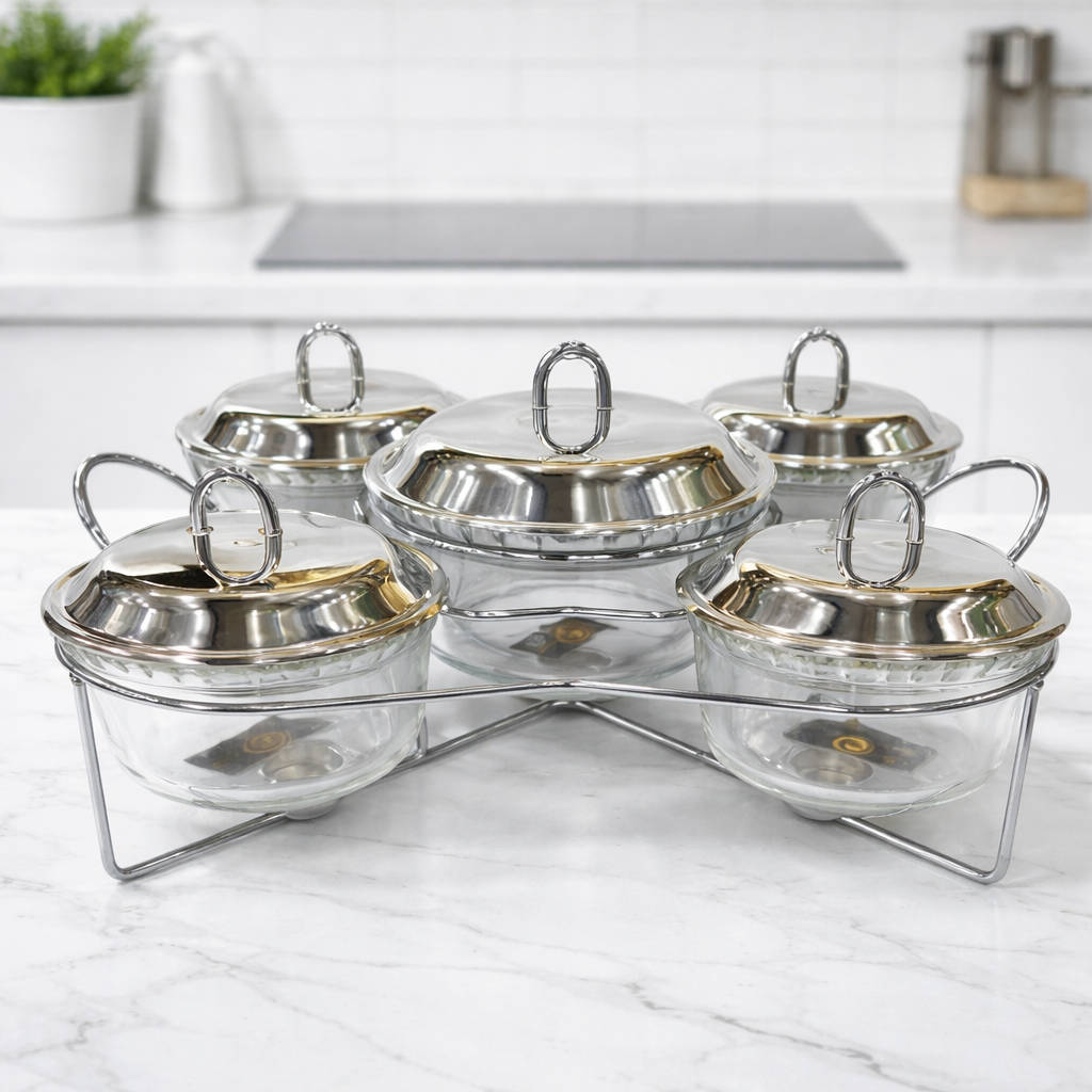 5 IN 1 Stainless Steel Buffet Serving Set  Premium Food Warmer with Stand