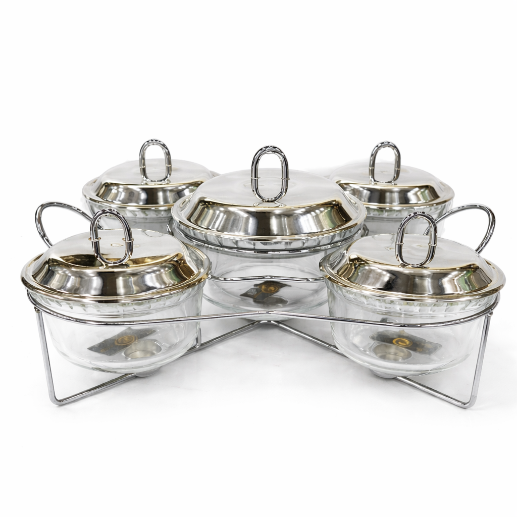 5 IN 1 Stainless Steel Buffet Serving Set  Premium Food Warmer with Stand