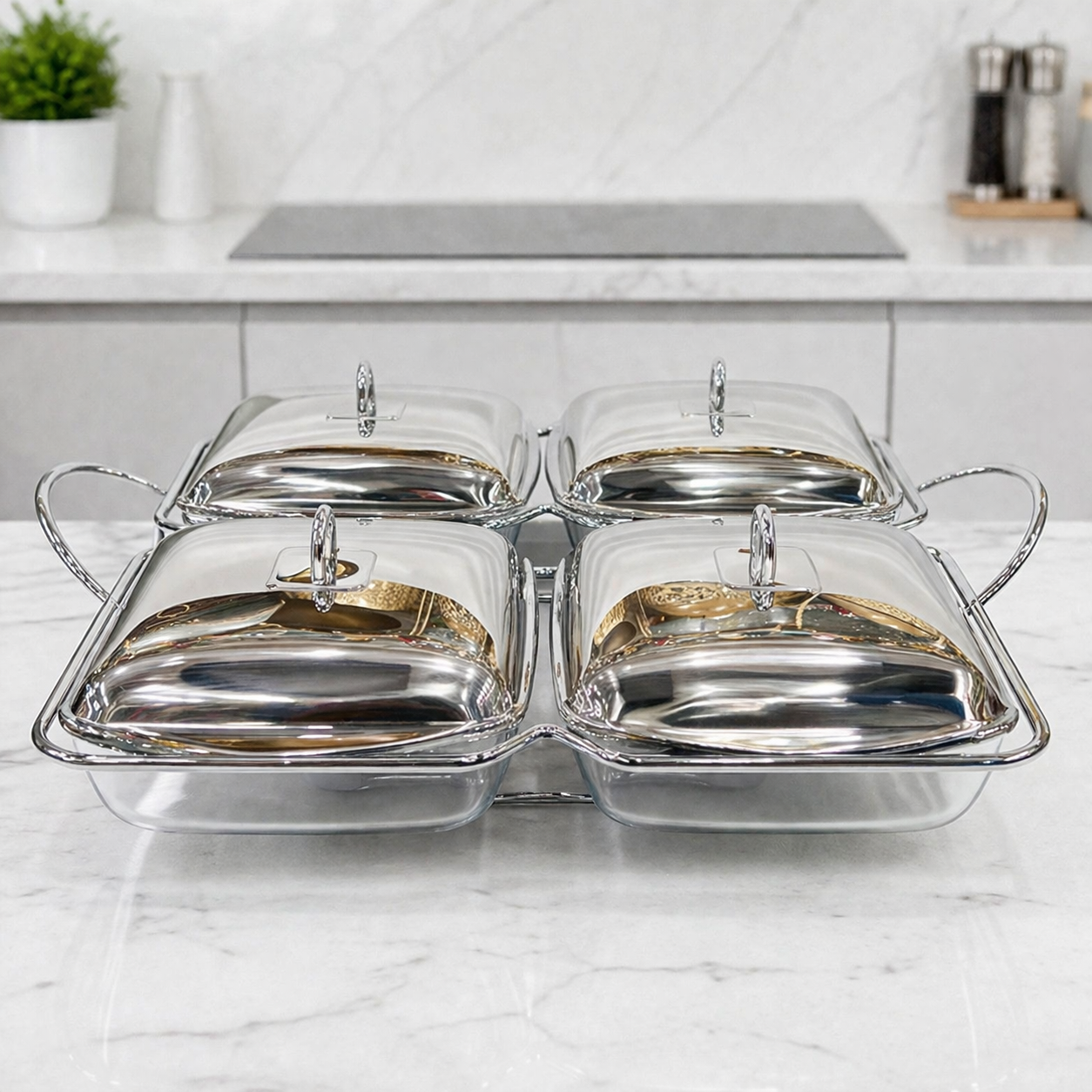 4-in-1 Square Stainless Steel Chafing Dish Set