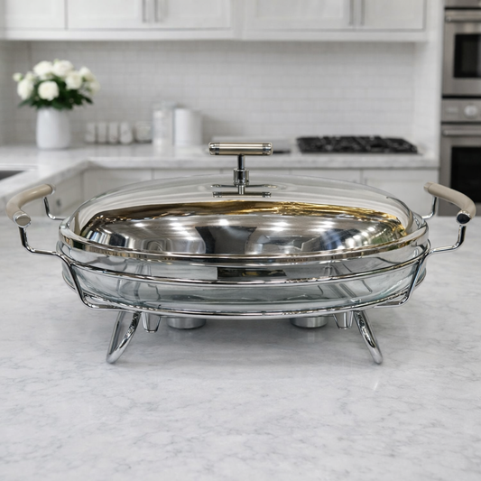 Premium Stainless Steel Chafing Dish 2.4 LTR – Oval Buffet Food Warmer with Glass Bowl & Lid