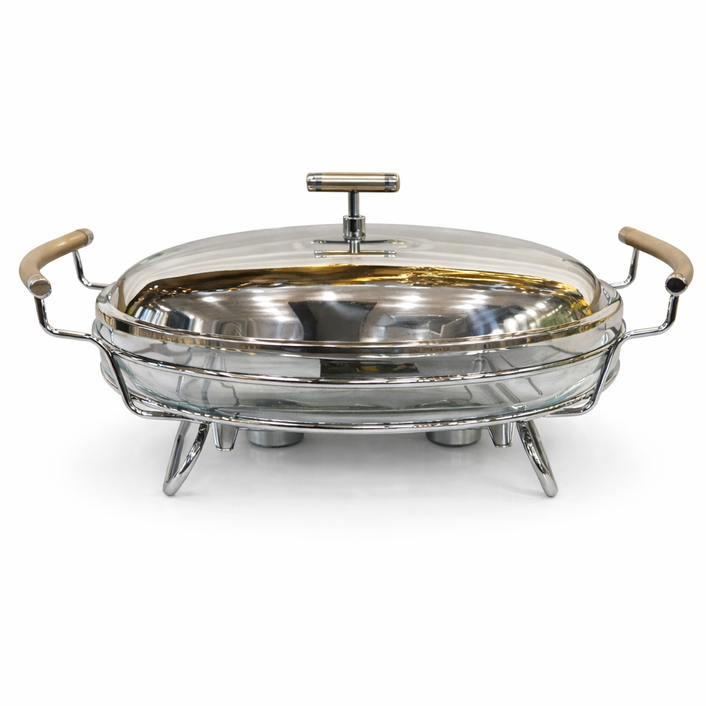 Premium Stainless Steel Chafing Dish 2.4 LTR – Oval Buffet Food Warmer with Glass Bowl & Lid