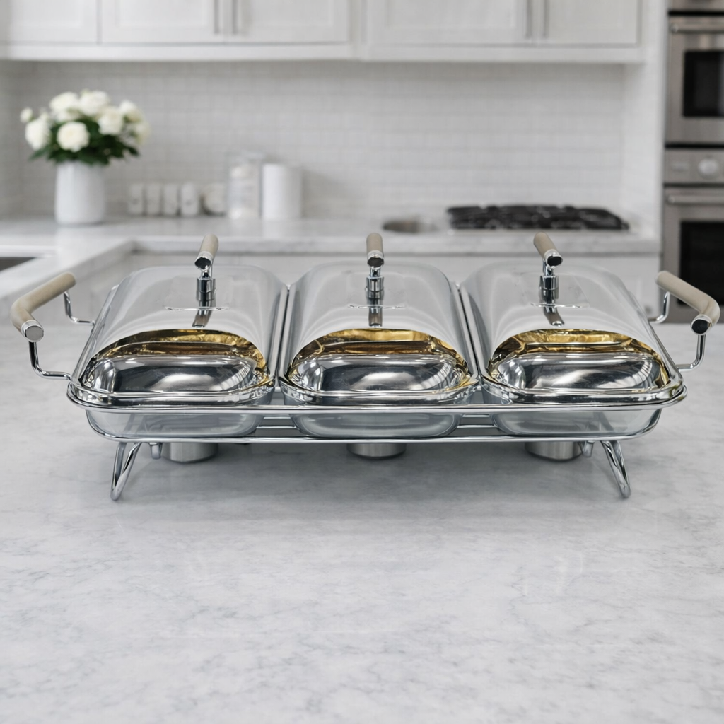 Premium 3 in 1 Stainless Steel Chafing Dish 1.5 LTR Each – Triple Buffet Food Warmer Set with Lid