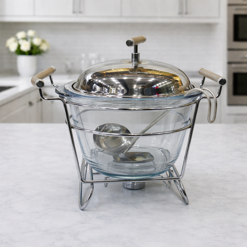 Premium Stainless Steel Round Chafing Dish 4.0 LTR – Glass Bowl Food Warmer with Lid & Stand