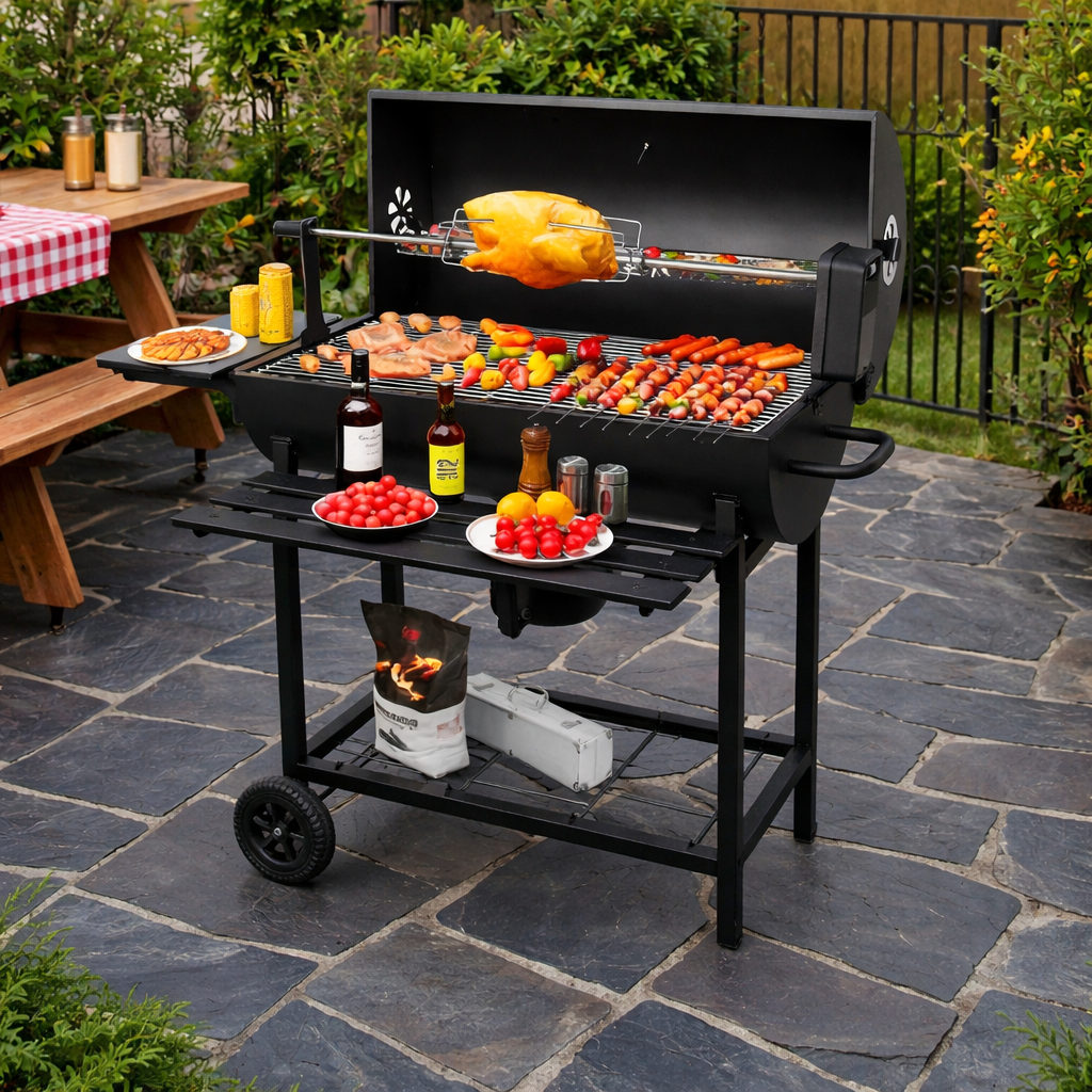 BBQ Grill Monster With Skewers, Heavy Duty Charcoal Grill with Rotisserie & Side Shelves