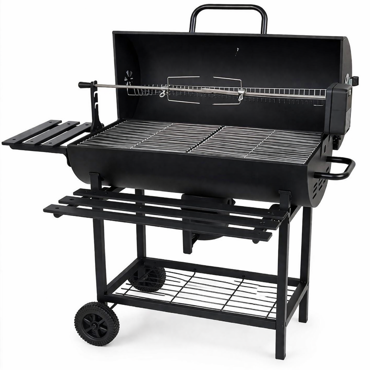 BBQ Grill Monster With Skewers, Heavy Duty Charcoal Grill with Rotisserie & Side Shelves