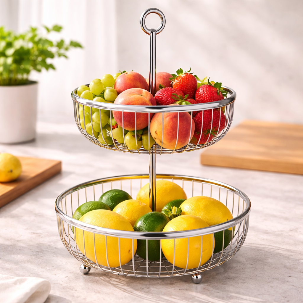 Luxury 2-Tier Silver Fruit Basket