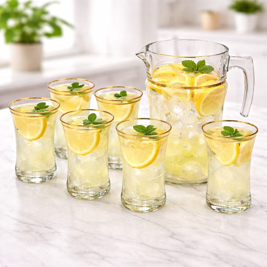 Premium Golden Turkish 7PCS Water Set – 1 Jug & 6 Gold Rim Glasses