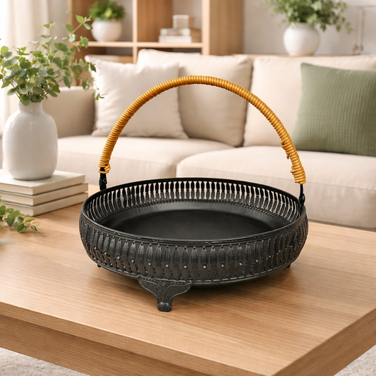 Metal Serving Basket with Rattan Handle Available In Rectangle, Oval,  Round Shapes