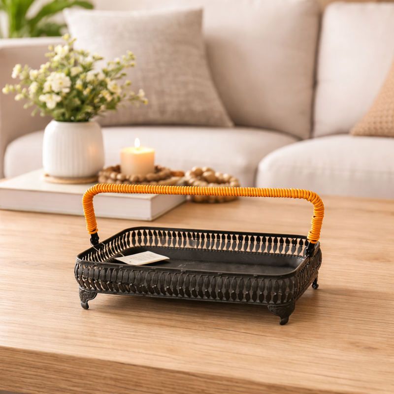Metal Serving Basket with Rattan Handle Available In Rectangle, Oval,  Round Shapes