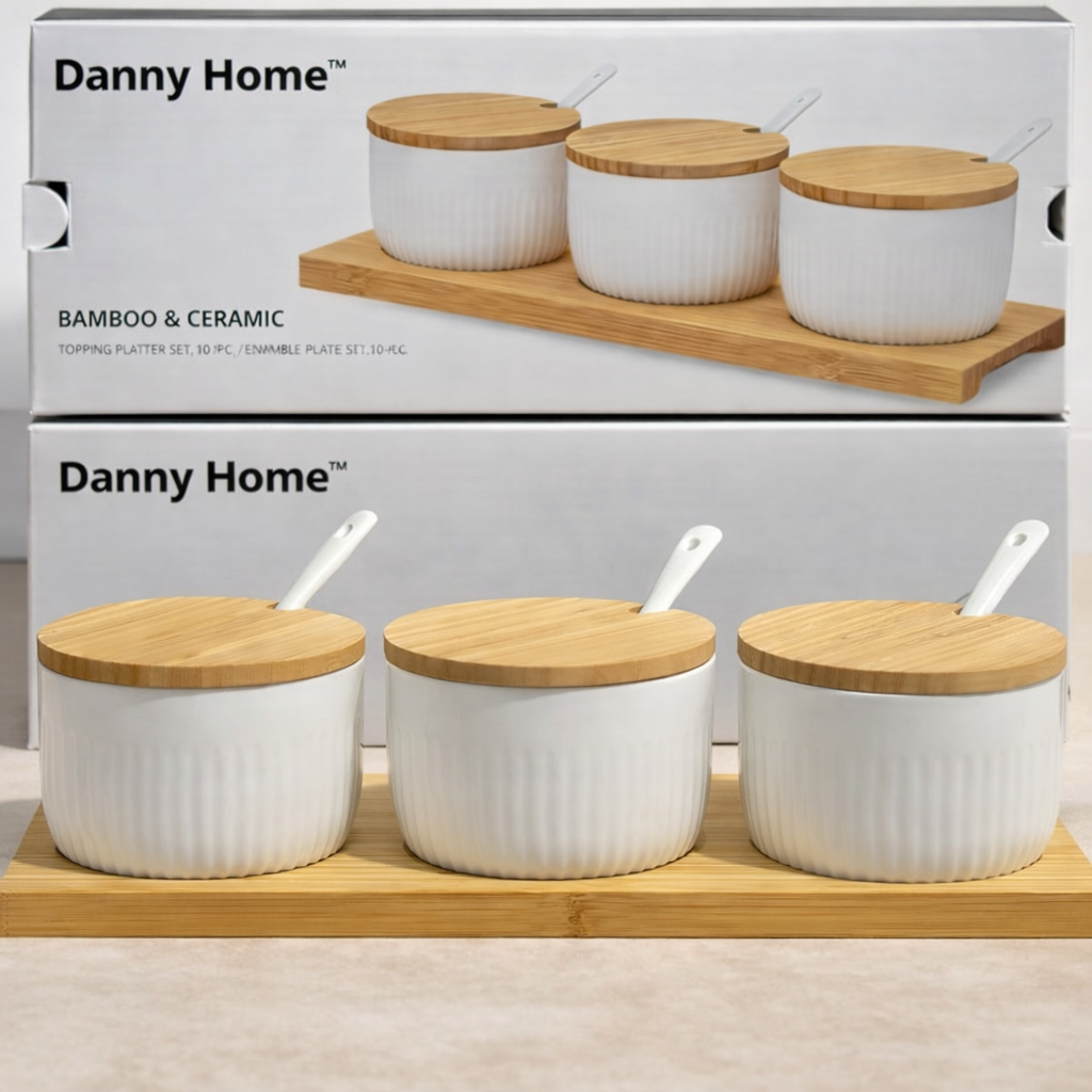 Danny Home Bamboo Ceramic Condiment Jar Set with Spoons