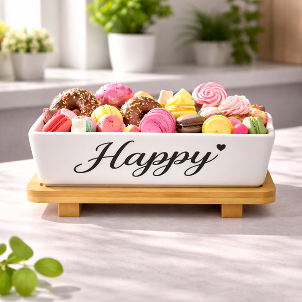 Sweet Ceramic Candy Serving Dish with Bamboo Stand – Elegant Snack & Dessert Bowl 1 PC