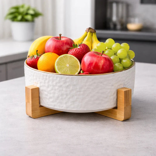 Premium Golden line Ceramic Fruit Bowl with Wooden Stand
