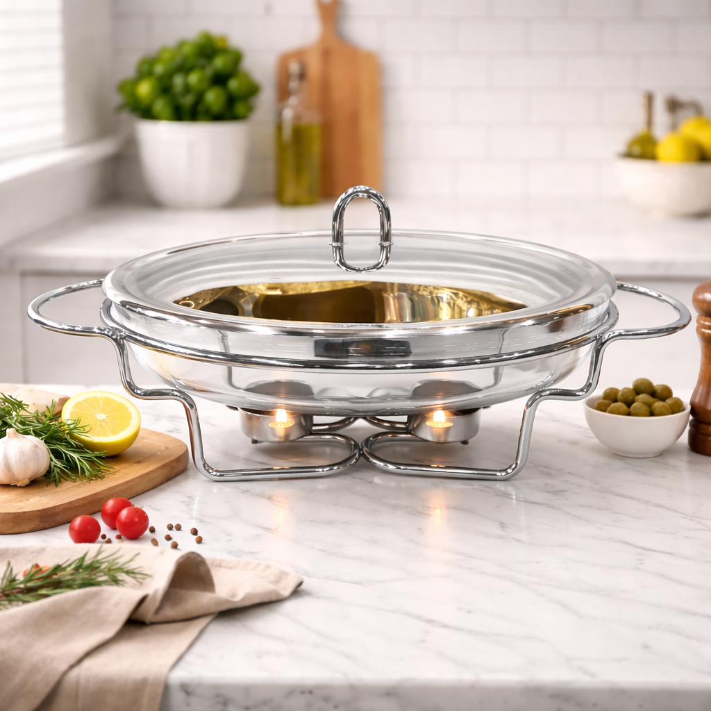 Stainless Steel Round Chafing Dish with Pyrex Glass Dish & Lid – Premium Buffet Food Warmer