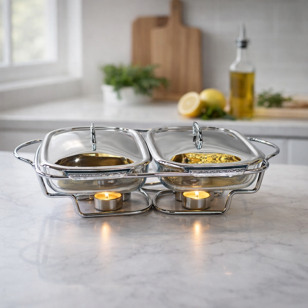 Stainless Steel Double Chafing Dish with Pyrex Glass – 2 Section Buffet Food Warmer