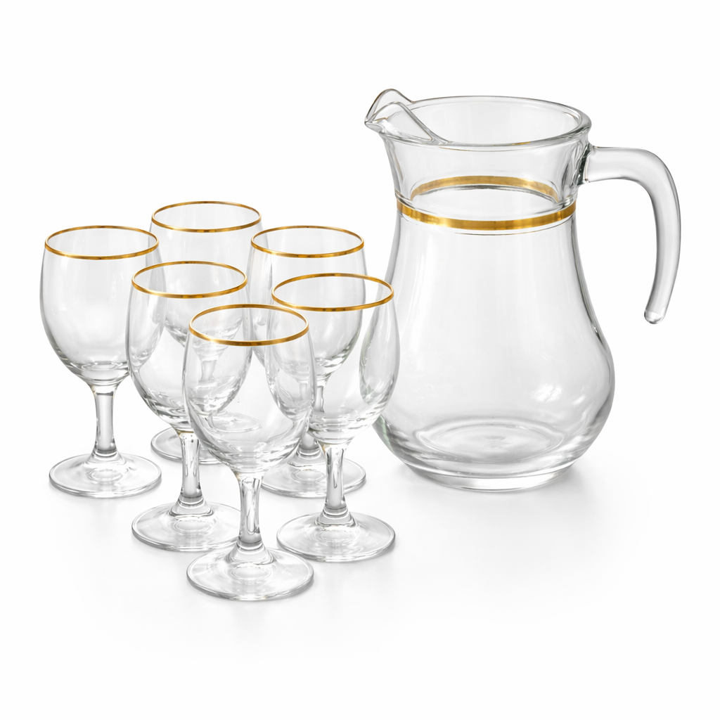 Premium Golden Turkish 7PCS Water Set – 1 Jug & 6 Gold Rim Glasses