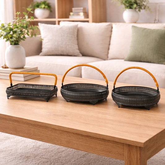 Metal Serving Basket with Rattan Handle Available In Rectangle, Oval,  Round Shapes